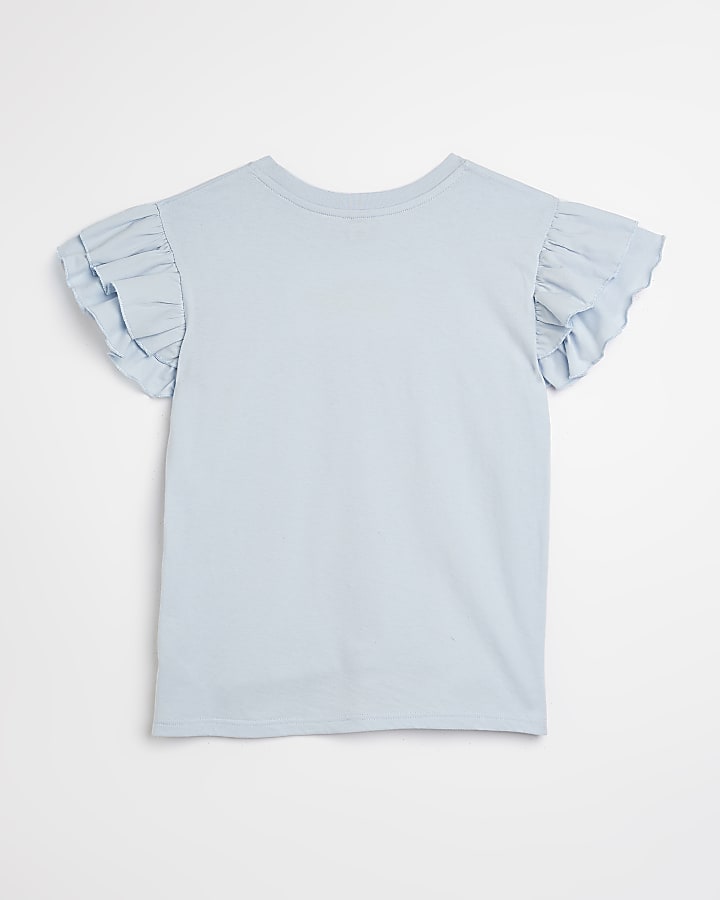 Girls blue RI frill sleeve t-shirt