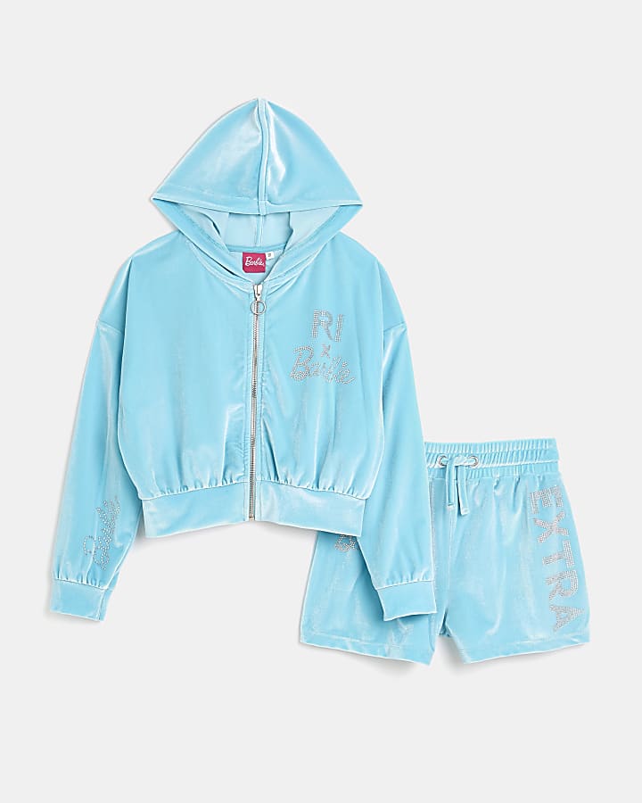 Girls blue RI x Barbie velour hoodie set