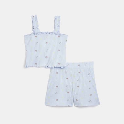 Girls blue ribbed floral 'Dreamy' pyjama set