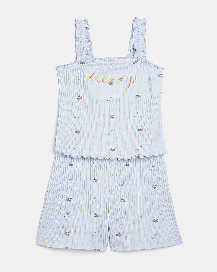 Girls blue ribbed floral 'Dreamy' pyjama set