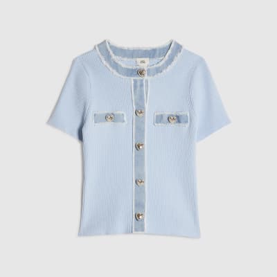 Girls Blue Ribbed Knit Denim Top