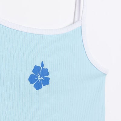 Girls Blue Ribbed Lettuce Hem Cami Top