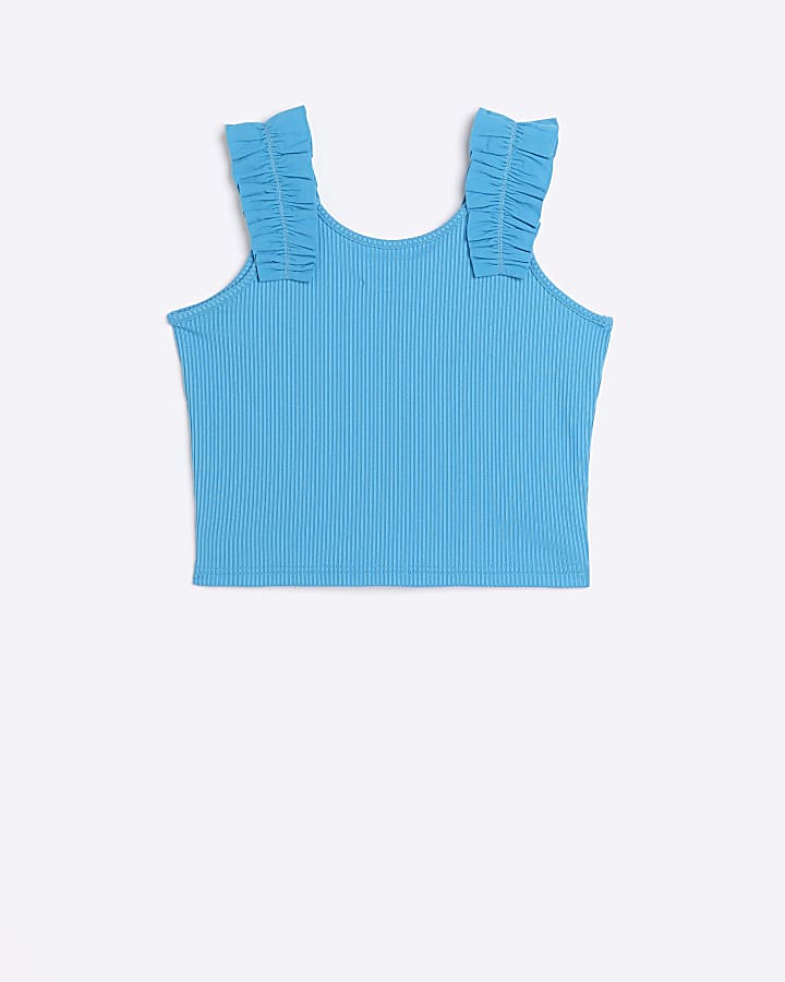 Girls Blue ribbed ruched strap crop top