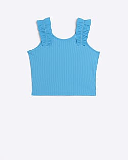 Girls Blue ribbed ruched strap crop top