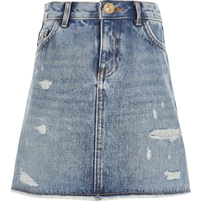 ripped blue denim skirt