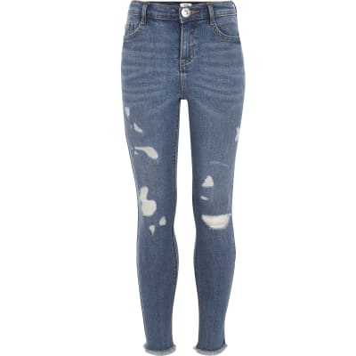 Girls blue ripped Amelie skinny jeans | River Island