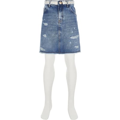 Girls Blue Ripped Denim Skirt River Island