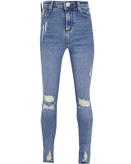 Girls blue ripped high rise skinny jeans