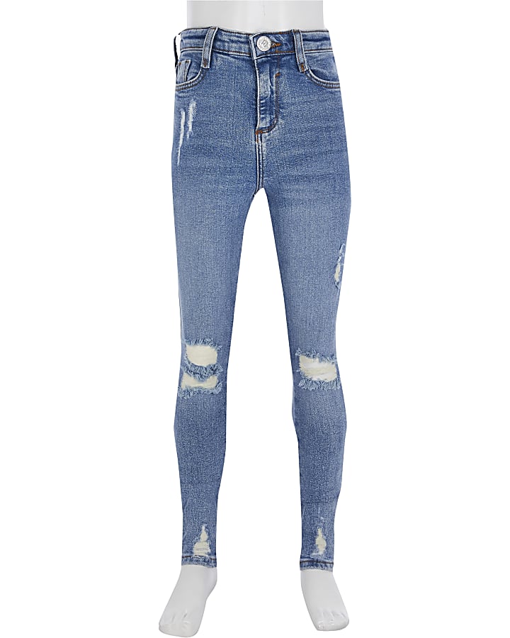 Girls blue ripped high rise skinny jeans