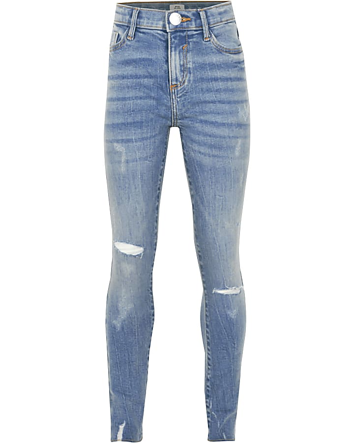 Girls blue ripped mid rise skinny jeans