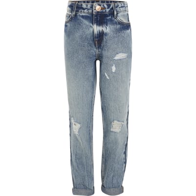 Girls blue ripped Mom high rise jeans | River Island