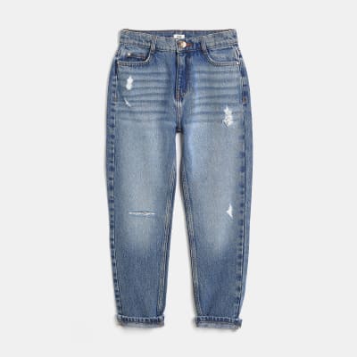 Girls Blue ripped Mom Jeans | River Island