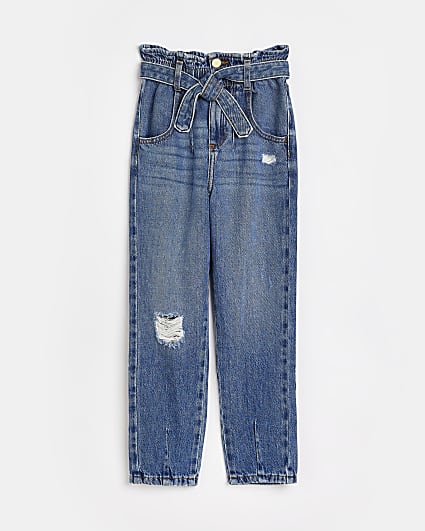 Girls blue ripped paperbag jeans