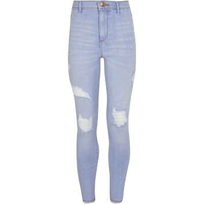 Girls Blue Ripped Skinny Jeggings River Island
