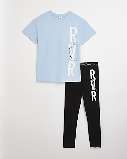 Girls blue River graphic t-shirt outfit