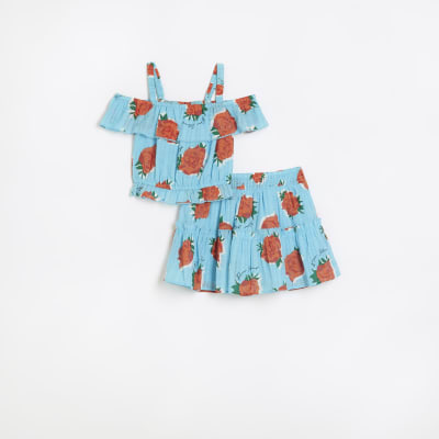 Girls blue rose print top and skirt set