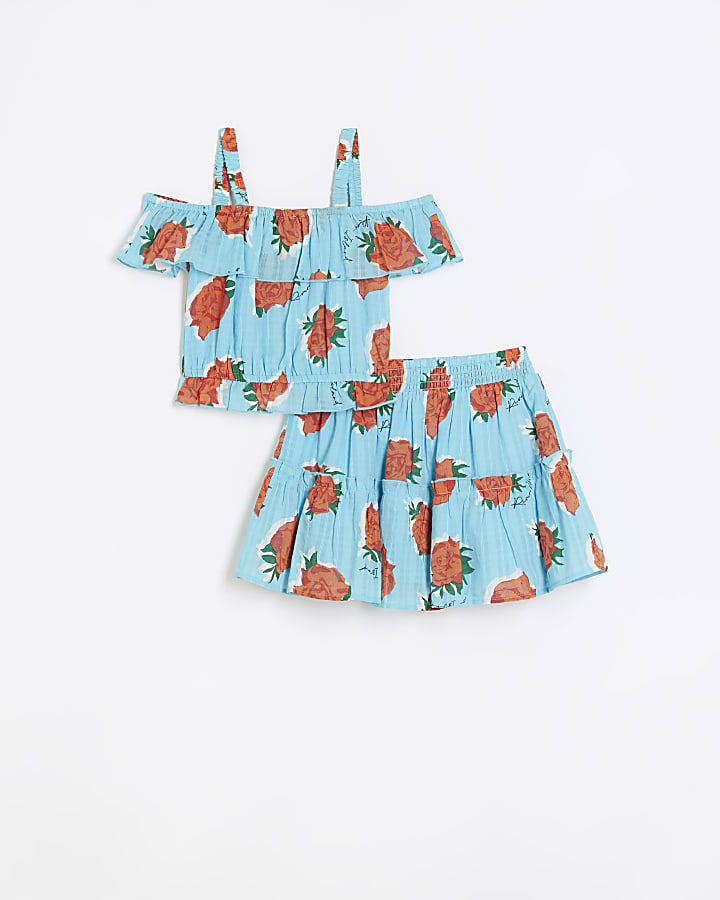 Girls blue rose print top and skirt set