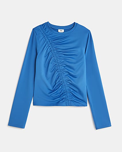 Girls blue ruched long sleeve top
