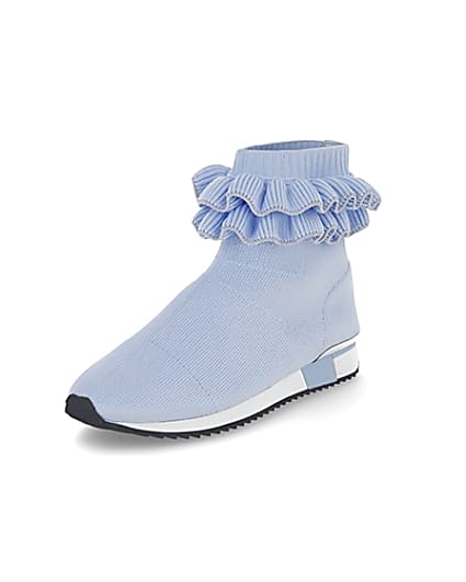 360 degree animation of product Girls blue ruffle knit sock hi top trainers frame-0