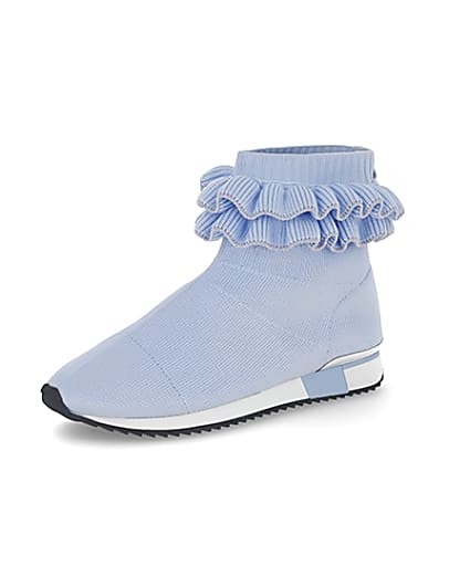 360 degree animation of product Girls blue ruffle knit sock hi top trainers frame-1