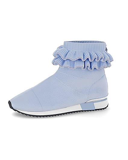 360 degree animation of product Girls blue ruffle knit sock hi top trainers frame-2