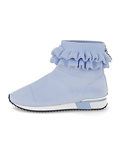 360 degree animation of product Girls blue ruffle knit sock hi top trainers frame-3