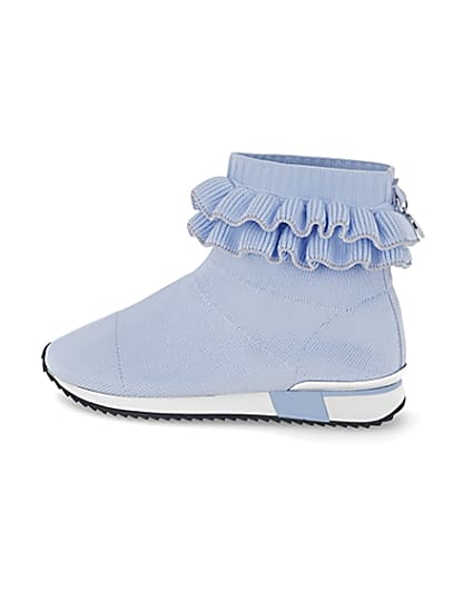 360 degree animation of product Girls blue ruffle knit sock hi top trainers frame-4