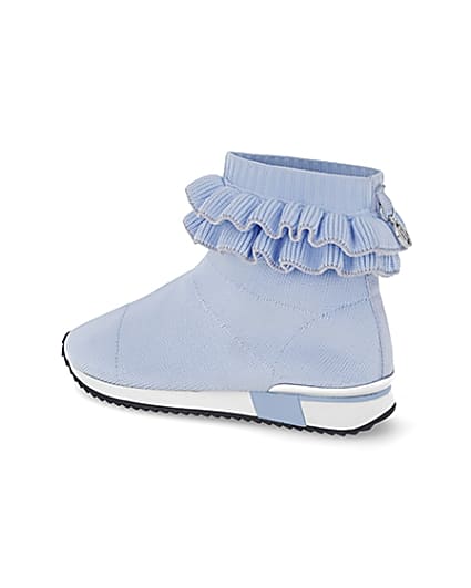 360 degree animation of product Girls blue ruffle knit sock hi top trainers frame-5
