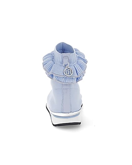 360 degree animation of product Girls blue ruffle knit sock hi top trainers frame-9