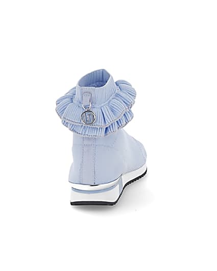 360 degree animation of product Girls blue ruffle knit sock hi top trainers frame-10