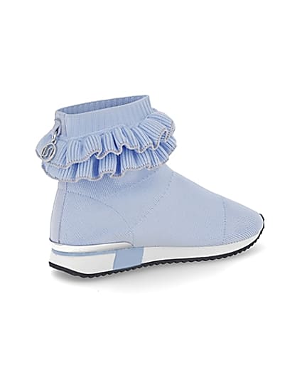 360 degree animation of product Girls blue ruffle knit sock hi top trainers frame-13