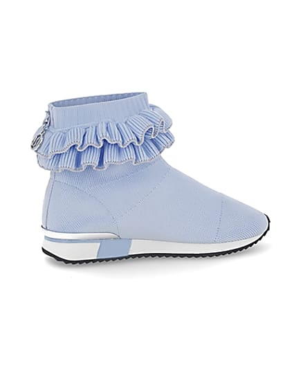 360 degree animation of product Girls blue ruffle knit sock hi top trainers frame-14