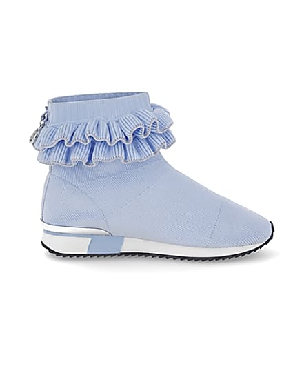 360 degree animation of product Girls blue ruffle knit sock hi top trainers frame-15