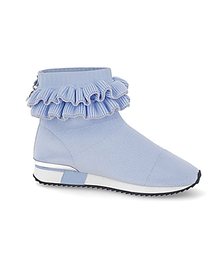 360 degree animation of product Girls blue ruffle knit sock hi top trainers frame-16