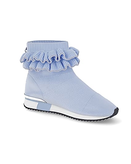 360 degree animation of product Girls blue ruffle knit sock hi top trainers frame-17