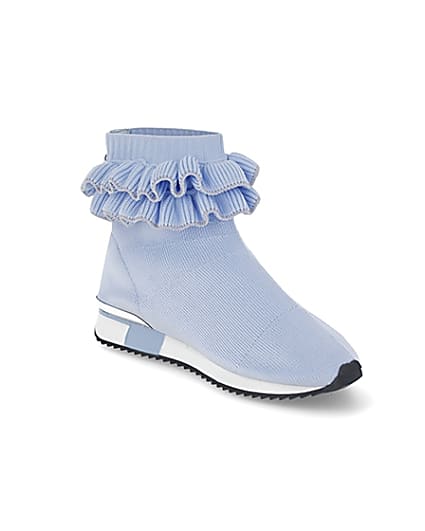 360 degree animation of product Girls blue ruffle knit sock hi top trainers frame-18