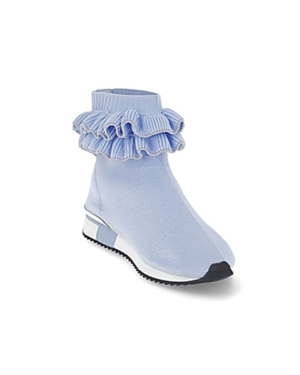 360 degree animation of product Girls blue ruffle knit sock hi top trainers frame-19