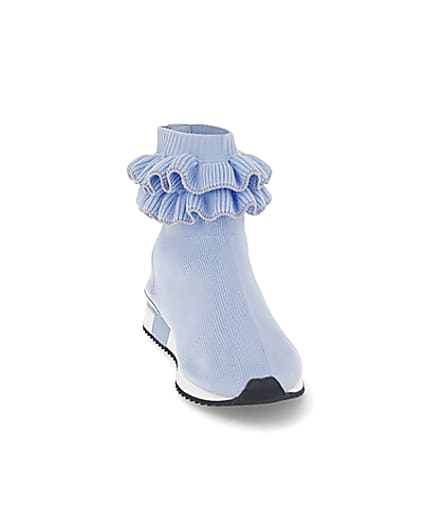 360 degree animation of product Girls blue ruffle knit sock hi top trainers frame-20