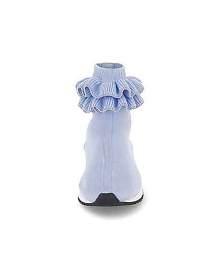 360 degree animation of product Girls blue ruffle knit sock hi top trainers frame-21