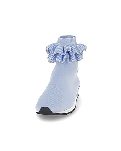 360 degree animation of product Girls blue ruffle knit sock hi top trainers frame-22
