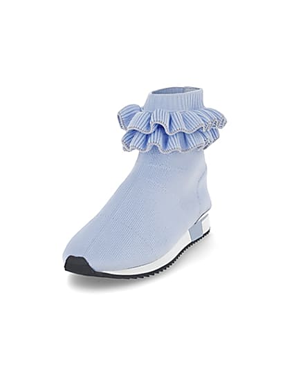360 degree animation of product Girls blue ruffle knit sock hi top trainers frame-23