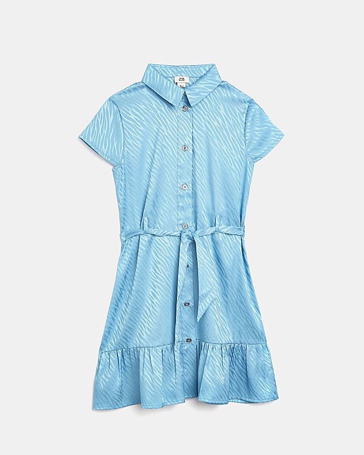 Girls blue satin frill shirt dress