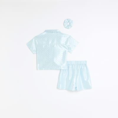 Girls blue satin short sleeve pyjama set