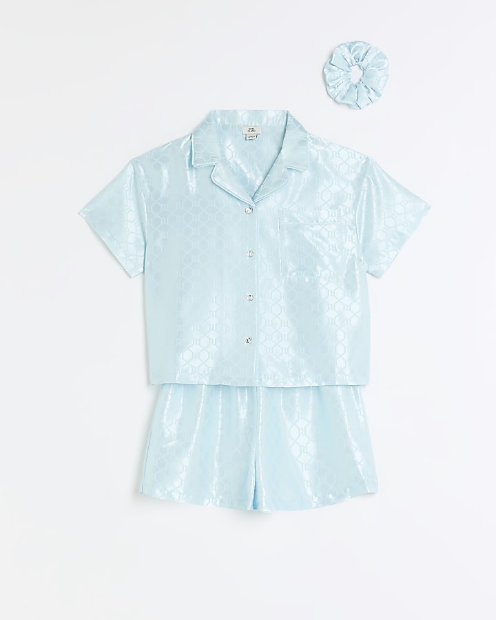 Girls blue satin short sleeve pyjama set