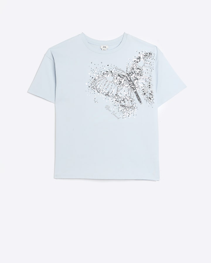 Girls Blue Sequin Butterfly T-shirt