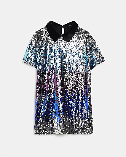 Girls Blue Sequin ombre T-Shirt Dress
