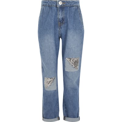 Girls blue sequin patch Mom mid rise jeans | River Island