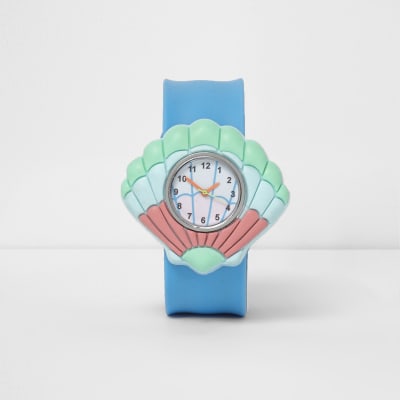 Girls blue shell snap on watch