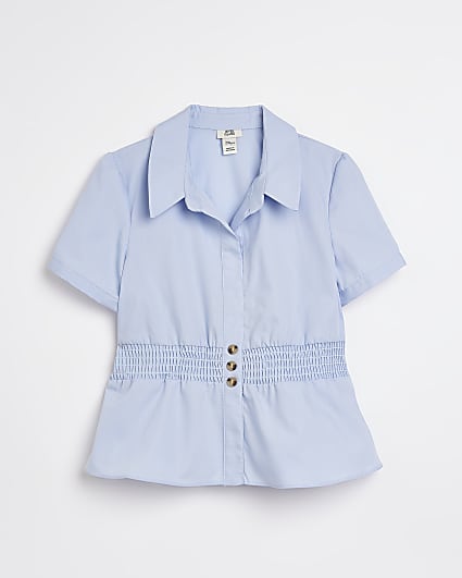 Girls blue shirred short sleeve shirt