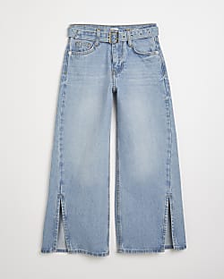 Girls blue split hem wide leg belted jeans